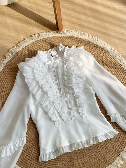 White Balloon Sleeve Blouse with Ruffle Accents and Rose Brooch - With PUJI