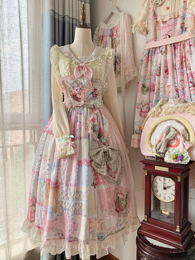 Cottagecore Patchwork Print Sweet Lolita Skirt with Detachable Straps Long Version