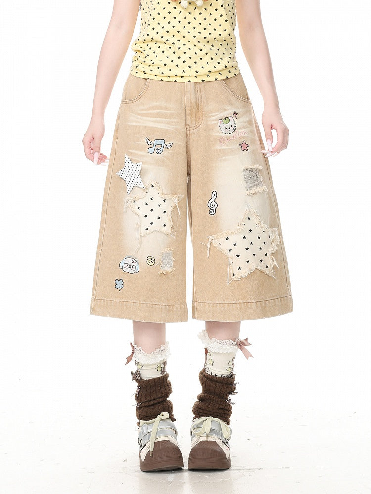 Apricot Distressed Wide-Leg Cropped Denim Pants with Puppy Embroidery & Star Patterns - Languid Park