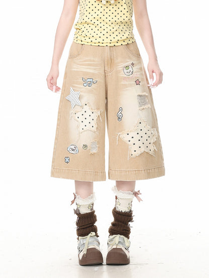 Apricot Distressed Wide-Leg Cropped Denim Pants with Puppy Embroidery & Star Patterns - Languid Park