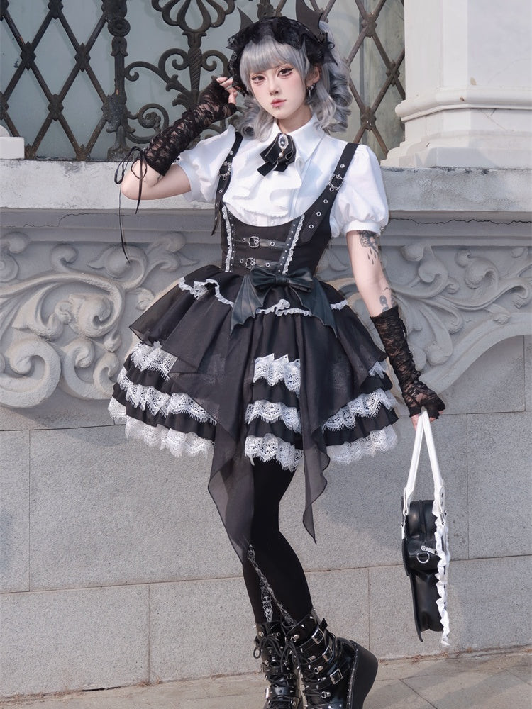 Tiered Devil Overalls Wing Skirt Black Buckle Straps Gothic Lolita Dress Accent
