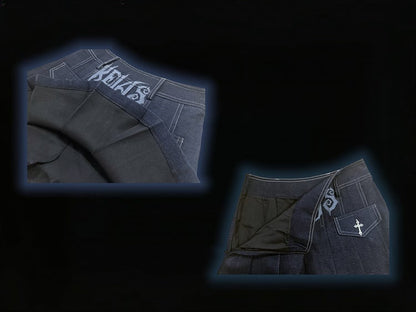 Y2K ダークブルー文字 クロスチャーム パンクロック デニム プリーツスカート