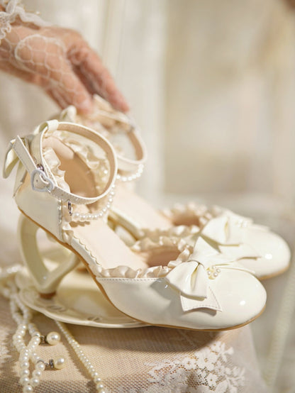 Elegant and Chain Sandals Detachable Heeled Heel Lolita - Heart-Shaped White with Beaded Leather PU