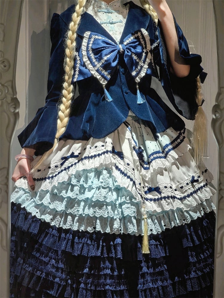 and White Banded Lolita Han Accents Blue Flower Collar Bow Dress with Puff Sleeves