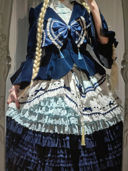 and White Banded Lolita Han Accents Blue Flower Collar Bow Dress with Puff Sleeves