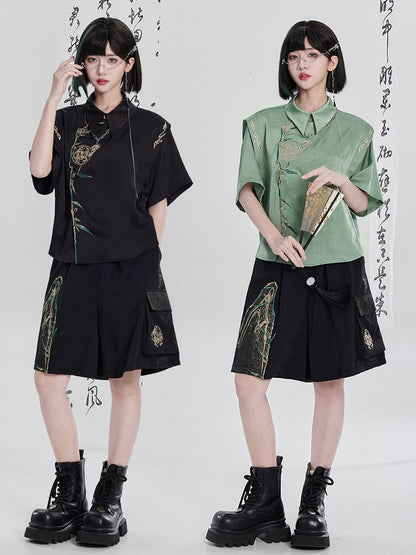 Chinese Embroidery Patchwork Black Short Pants - Qing Tang Original