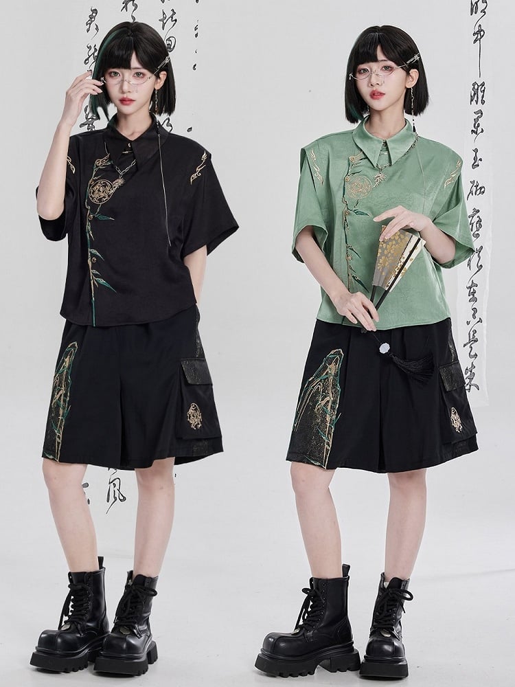 Chinese Embroidery Patchwork Black Shorts - Qing Tang Original