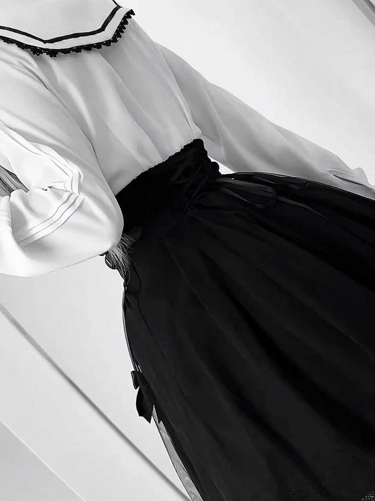 Lace Cross Kei Charm Contrast Long Gothic Pointed Blouse: Jirai Collar Sleeve White Black with