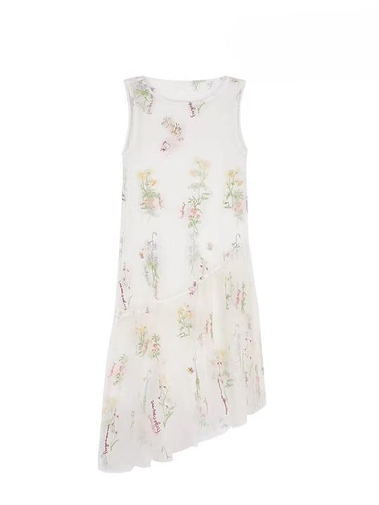 花柄ドレス ホワイト アシンメトリー イエロー ベージュ ホリデーセット - 透け感のある刺繍 + スカート裾