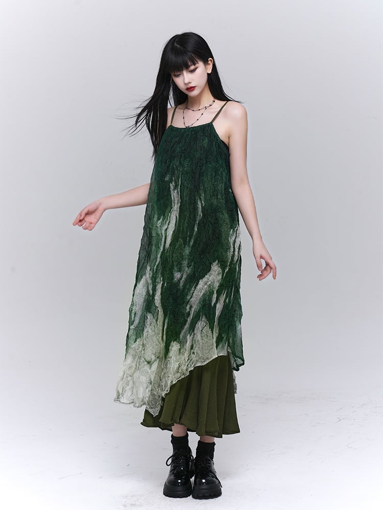Gradient Green Asymmetrical Hem Ruffled Spaghetti Strap Dress