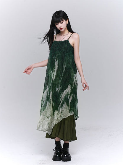 Gradient Green Asymmetrical Hem Ruffled Spaghetti Strap Dress