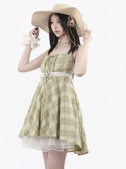Green Plaid Halter Dress - PINK SAVIOR