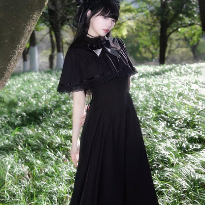 Gothic Lolita French Vintage Lace Cape A-Line Long Dress