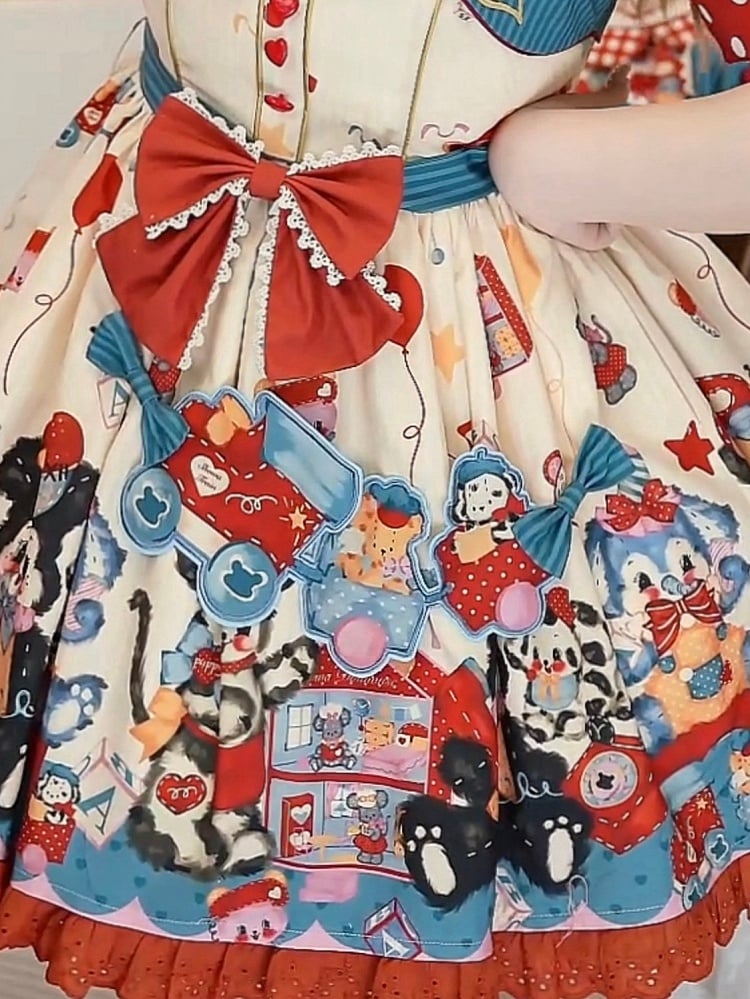 Red and Blue Toy Train Applique Ribbon Dress Accessory