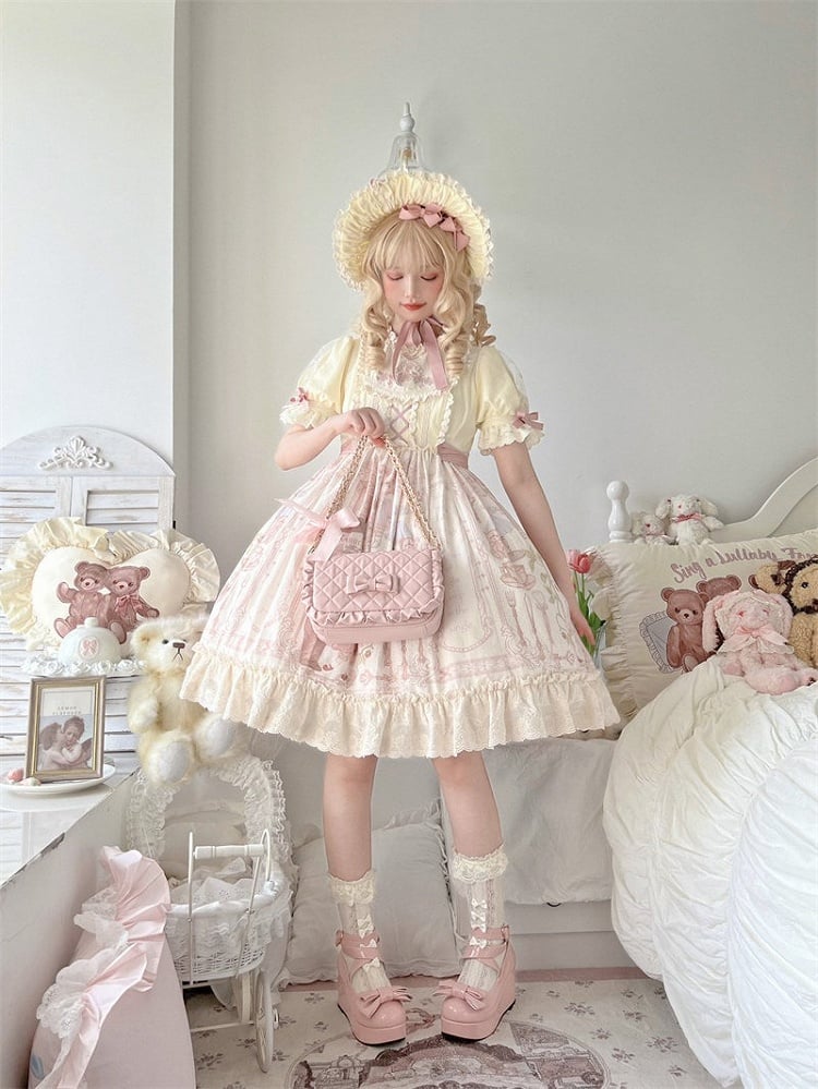 Light Pink Crossbody Lolita Bag with Diamond Pattern and Bows - Seraphim