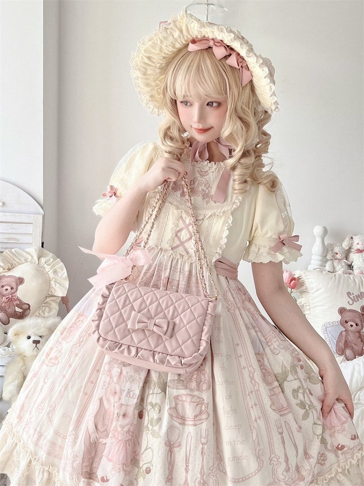 Light Pink Crossbody Lolita Bag with Diamond Pattern and Bows - Seraphim