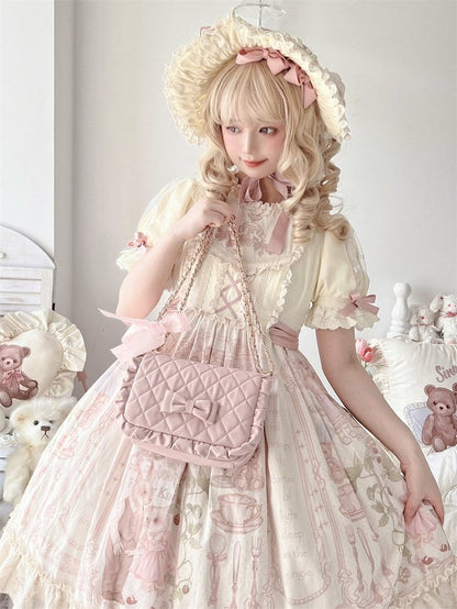 Light Pink Crossbody Lolita Bag with Diamond Pattern and Bows - Seraphim