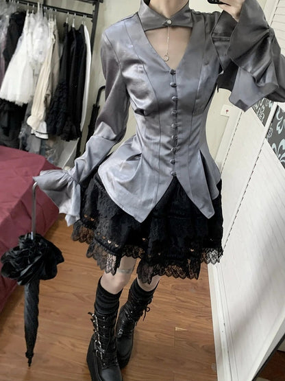 Shirt Sleeves Two Long Gothic Collar Wear Lolita Gray Ways