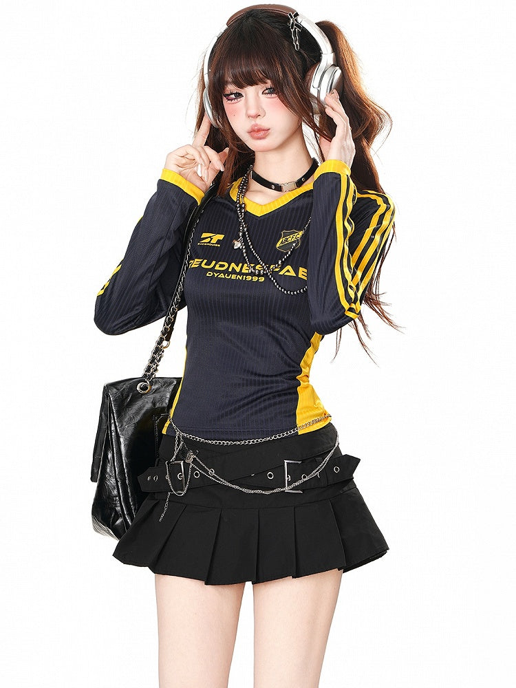 Pink/Black/Navy Blue Letters Print V-neck Striped Sports Top