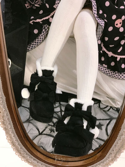 Black Boots Bows - Lolita Pompon Sweet with Style Platform Winter Warm