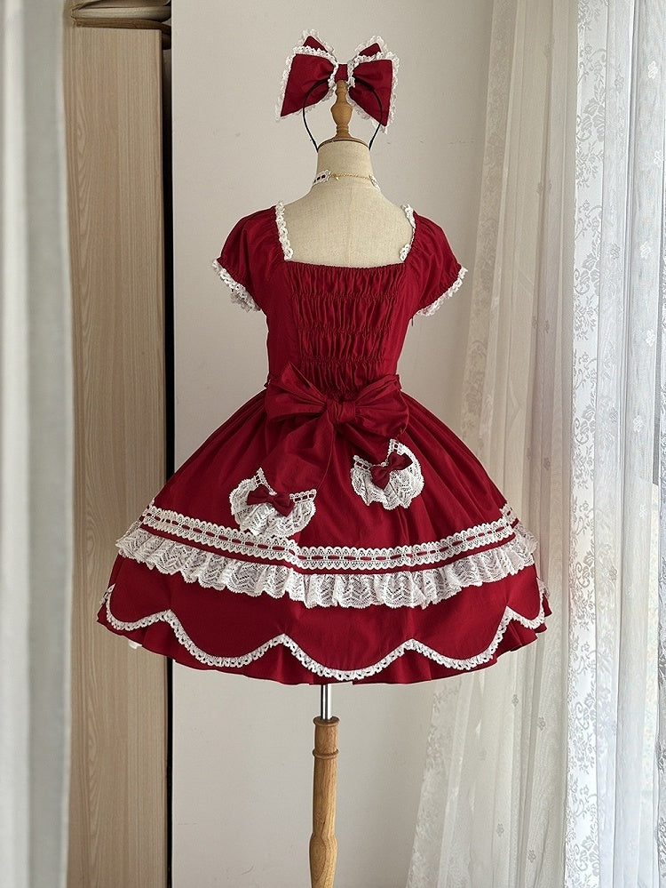 Old School Stück und Quadrat Kleid Baumwolle Kurze Rote Puffärmel Ein Ausschnitt Lolita