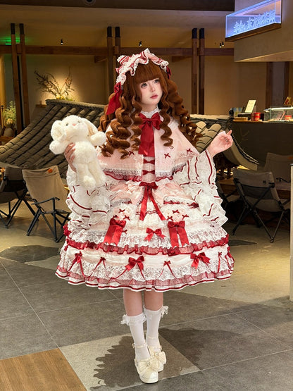 Pink Shimmering Ruffled Cape with Red Small Bows - Starry Messenger