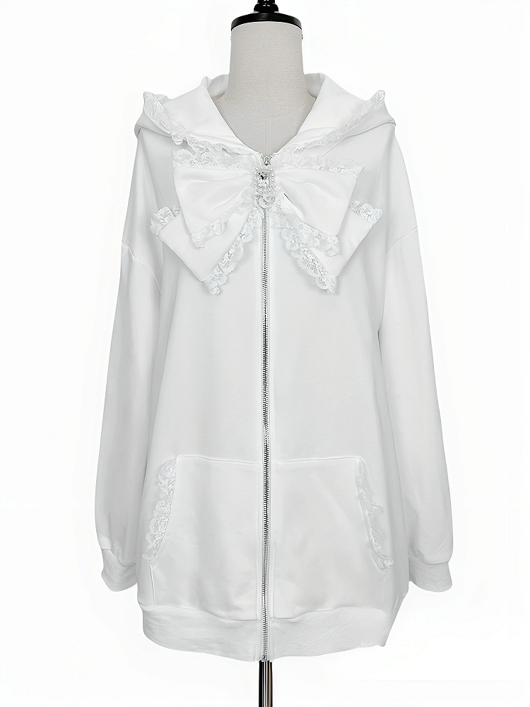 Jacket: Hood Kei Oversized Ears Cat Bow with Detachable Jirai Trim Lace White