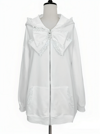 Jacket: Hood Kei Oversized Ears Cat Bow with Detachable Jirai Trim Lace White