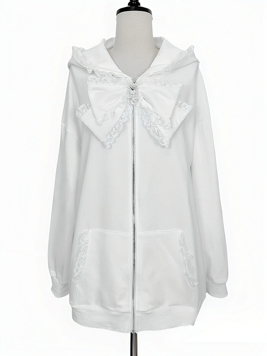 Jacket: Hood Kei Oversized Ears Cat Bow with Detachable Jirai Trim Lace White