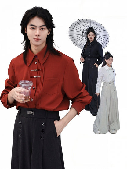 Pleated Accordion Long Sleeve Shirt in Red with Metal Frog Button Details - Feng Hua Gui Guo Ling