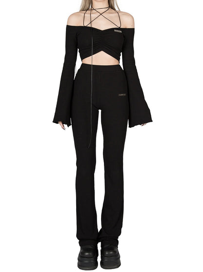 Strickhose Stretchy High-Waist - Ausgestellt Figurschmeichelnd Schwarz