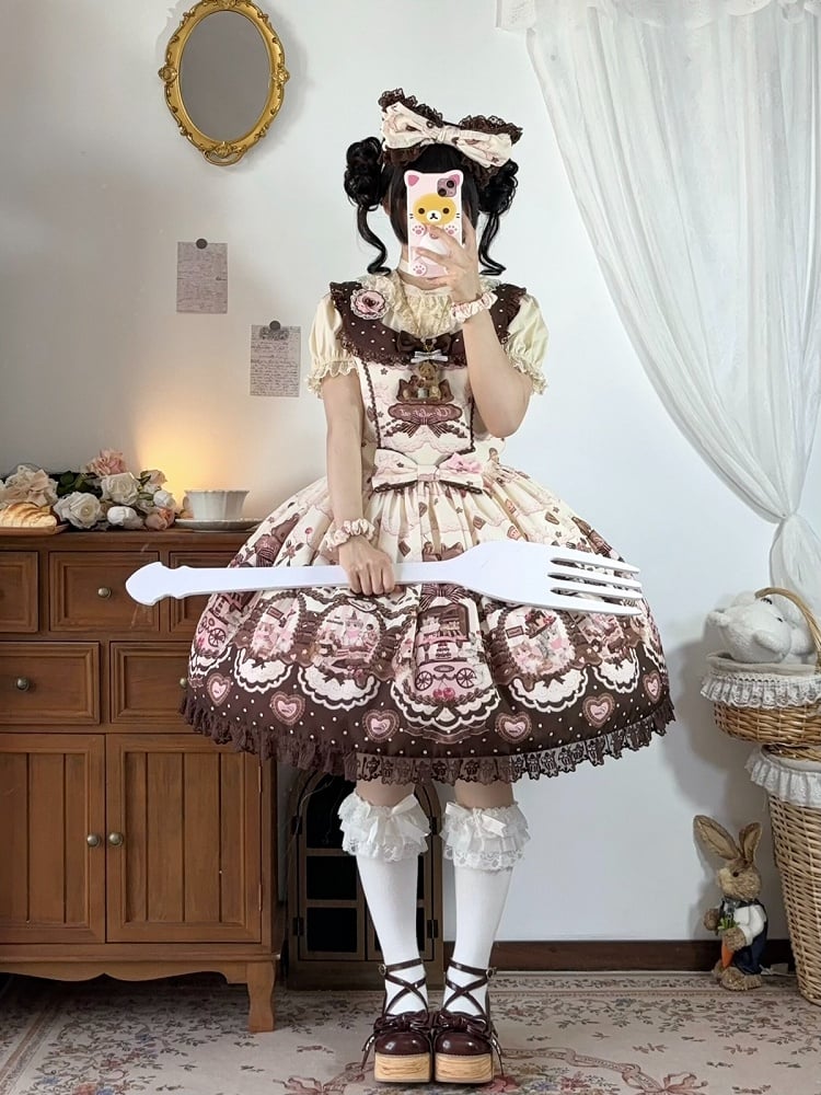Sleeves Lolita Floral with Puff JSK Theme Cat Dress Sweet Chocolate Print