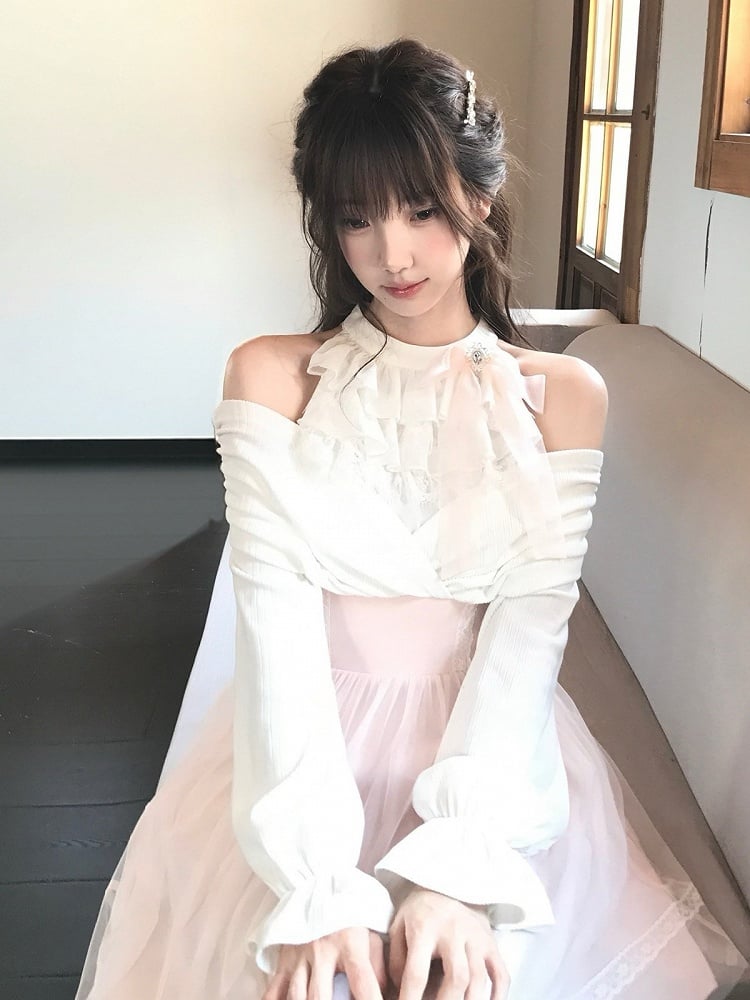 Seiso-kei Halter Off Shoulder Long Sleeve Mesh Dress in Pink and White with Ruffles and Bow Tie - LA LA JK