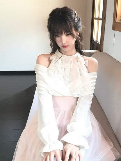 Seiso-kei Halter Off Shoulder Long Sleeve Mesh Dress in Pink and White with Ruffles and Bow Tie - LA LA JK