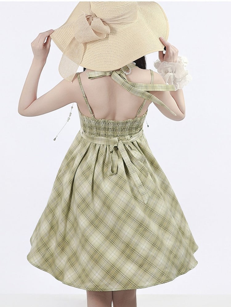 Green Plaid Halter Dress - PINK SAVIOR