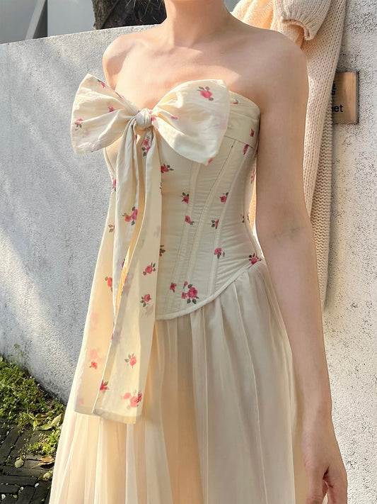 ロマンティックなコテージコアフローラルビスチェ、セルフタイビッグリボンボーンコルセットトップ