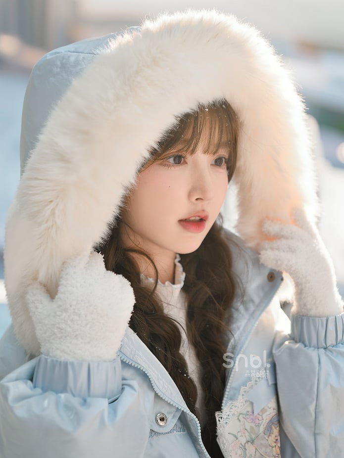 Blauer Daunenmantel mit Kapuze und Applikation