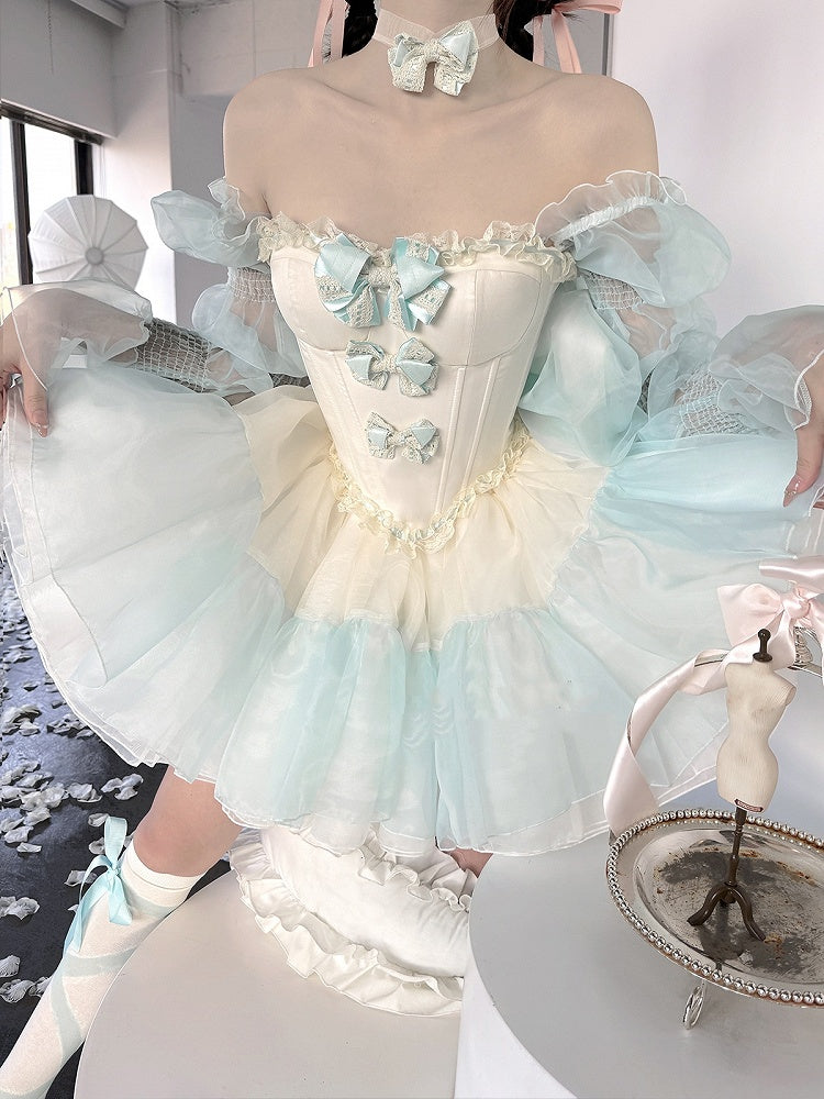 Grünes Mieder-Korsett-Oberteil mit Schleifenverzierung und bauschigem Rock, gelbes Balletcore-Set