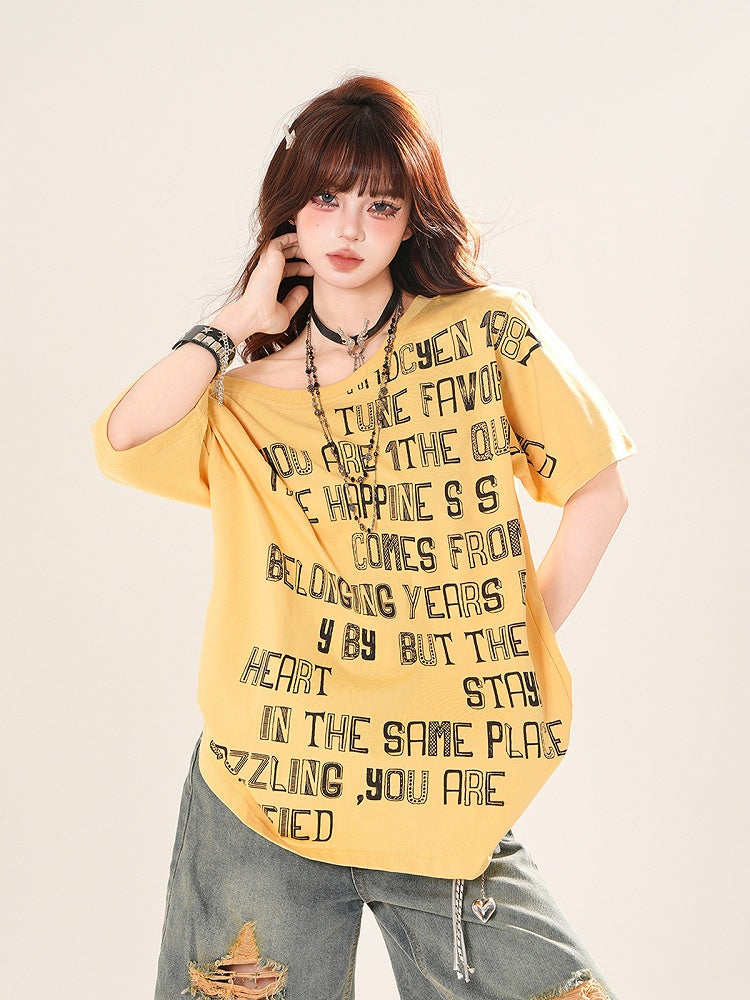 アシンメトリーネックライン レタープリント ルーズTシャツ イエロー/ホワイト/ブラック