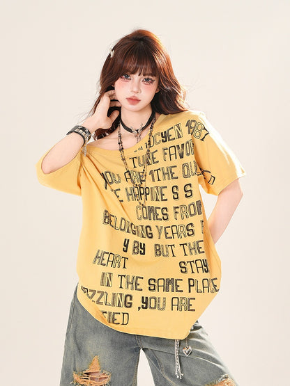 アシンメトリーネックライン レタープリント ルーズTシャツ イエロー/ホワイト/ブラック