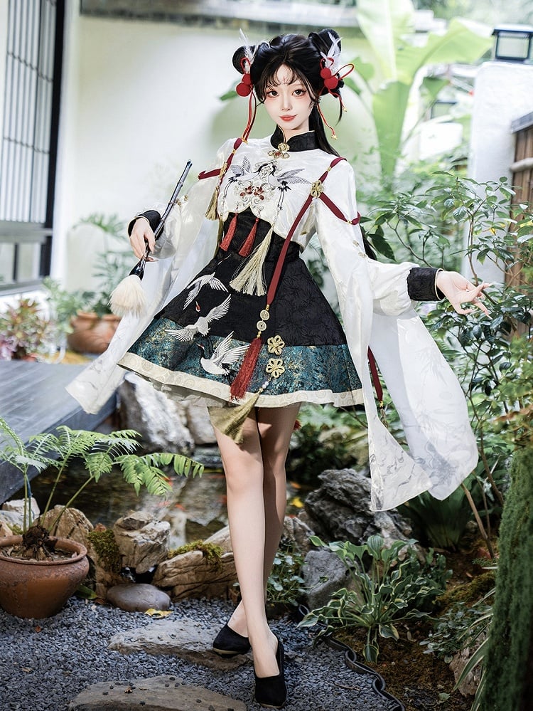 Green Chinoiserie + Balck White Cropped Crane Dress Lolita Tassel Top with Accents Embroidery