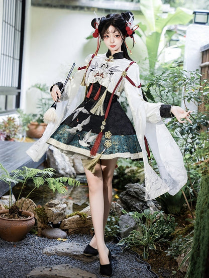 Green Chinoiserie + Balck White Cropped Crane Dress Lolita Tassel Top with Accents Embroidery