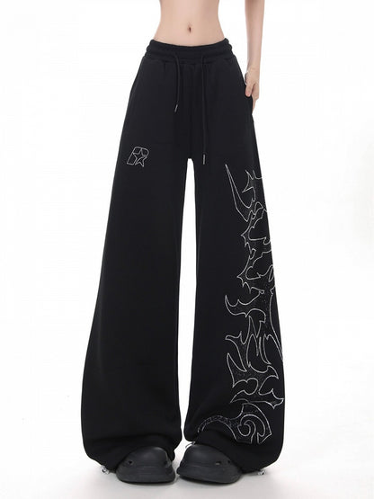 Black Wide Leg Sweatpants with Rhinestones - KNOW8 Online Shop