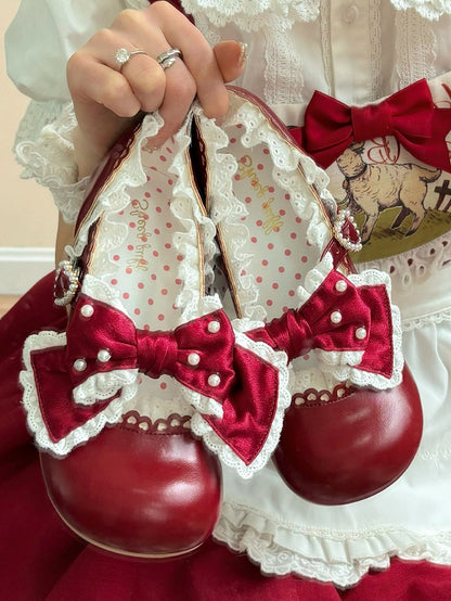 Embellished Bow Sweet Accent Red Leather PU Beads Trim Heels in Lace Mid
