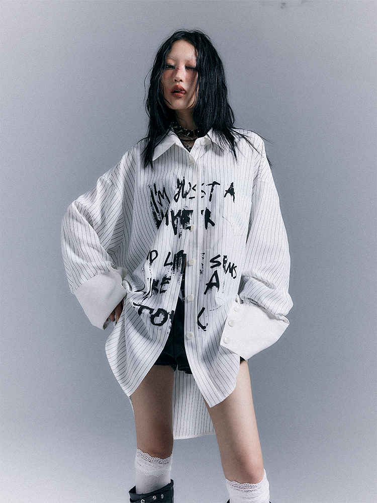 Graffiti Letter Shirt Print Punk White Striped