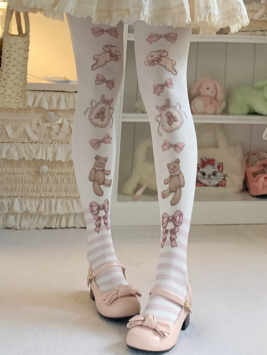 ブラウン/ピンクのウサギとクマのストライプ柄のスイートロリータタイツ