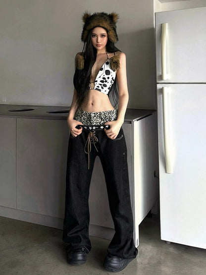 Rock Punk Leopard Print Double Waistband Curved-Leg Black Jeans - DETW OnLine
