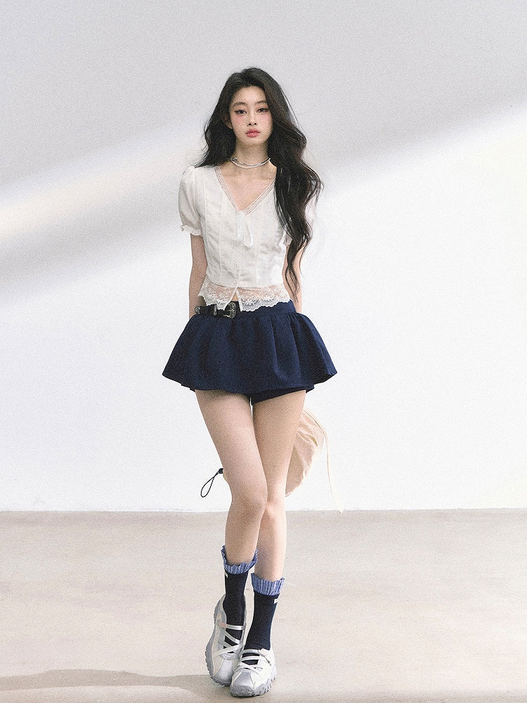 White Neckline Lace Hem Puff Sleeves Blouse Straps Self-tie