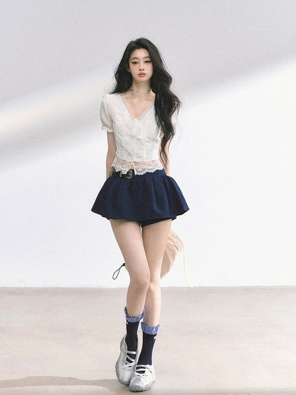 White Neckline Lace Hem Puff Sleeves Blouse Straps Self-tie