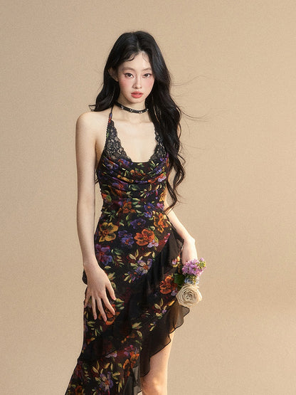 Blumenkleid Rock Schwarz Chiffon Neckholder Asymmetrische Meerjungfrau